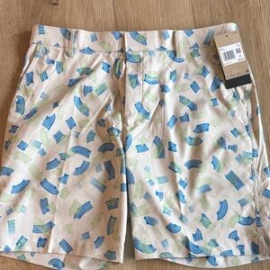 NWT!! Nike Golf Shorts 34 Patterned Beige Shorts with Blue and Green Accents